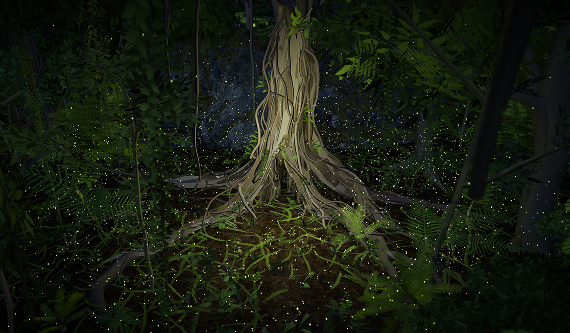 A digital image of a tree trunk surrounded by ferns, foliage and fireflies.